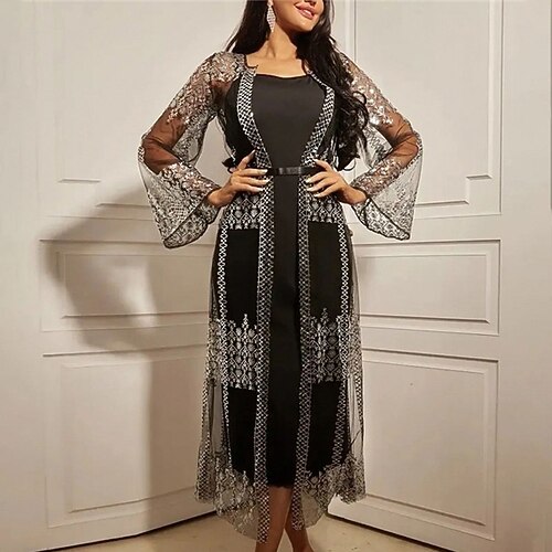 

Mujer Conjunto de vestido Vestido de dos piezas Vestido tubo Vestido Midi Negro Manga Larga Floral Lentejuelas Invierno Otoño Escote Cuadrado Fiesta Vestido de invierno vestido de otoño S M L XL XXL