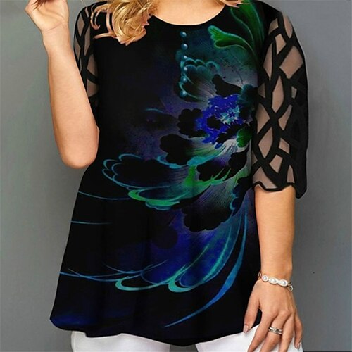 

Women's Plus Size Tops T shirt Tee Floral Color Block Lace Print Half Sleeve Crewneck Streetwear Daily Going out Polyester Fall Spring Green Blue