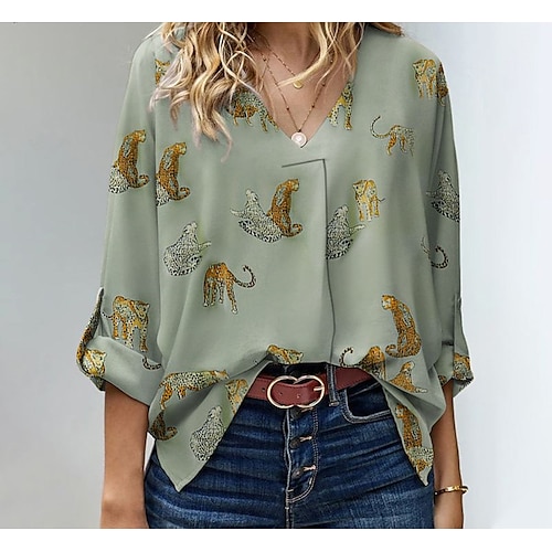 

Women's Blouse Shirt Green Yellow Black Animal Leopard Print Long Sleeve Going out Weekend Basic V Neck Regular M / 3D Print