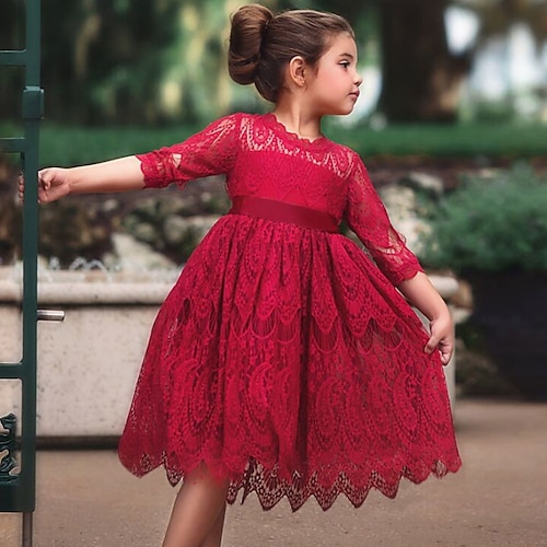 

Kids Little Girls' Dress Solid Colored A Line Dress Birthday Pegeant Ruched Mesh Lace Red White Beige Midi 3/4 Length Sleeve Princess Cute Dresses Fall Summer Regular Fit 2-8 Years