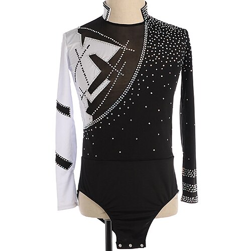 

Figure Skating Top Men's Boys' Ice Skating Outfits Top BlackWhite Patchwork Mesh High Elasticity Training Practice Professional Skating Wear Handmade Crystal / Rhinestone Long Sleeve Ice Skating