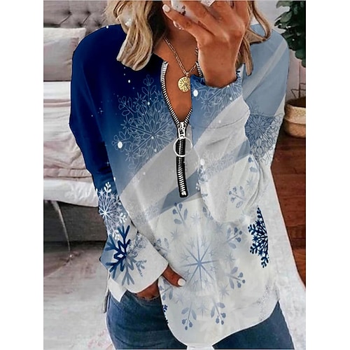 

Women's Zip Hoodie Sweatshirt Pullover Sportswear Patchwork Print Blue Floral Snowflake Loose Fit Daily Crew Neck Long Sleeve