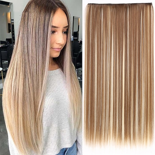 

Extensões de cabelo de 24 polegadas e 5 clipes para mulheres cabelo reto longo clipe de fibra sintética de alta temperatura cabelo xale