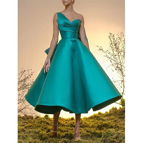 

Ball Gown Celebrity Style Luxurious Elegant Homecoming Cocktail Party Dress One Shoulder Sleeveless Tea Length Satin with Bow(s) 2022