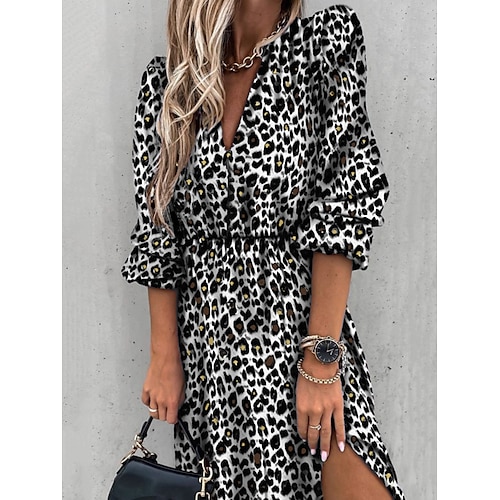 

Women's Casual Dress Swing Dress Midi Dress Leopard Green print Yellow print Long Sleeve Flower Split Winter Fall Autumn V Neck Winter Dress Fall Dress S M L XL XXL XXXL