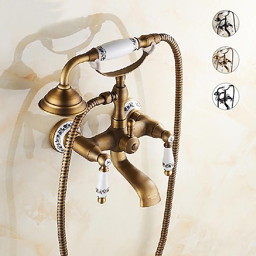 

Bathroom Sink Faucet,Brass Telephone Shape Wall Installation Widespread Pull-out Country Style Electroplated Copper Finish Two Handles Bathtub Faucet with Handshower and Drain