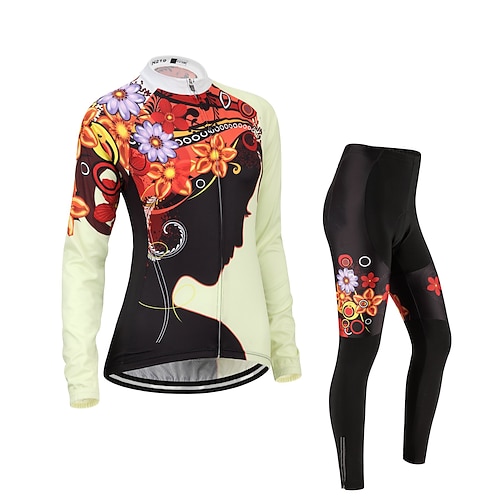 

21Grams Women's Cycling Jersey with Tights Long Sleeve Mountain Bike MTB Road Bike Cycling Black Floral Botanical Bike Clothing Suit 3D Pad Breathable Quick Dry Moisture Wicking Back Pocket Polyester
