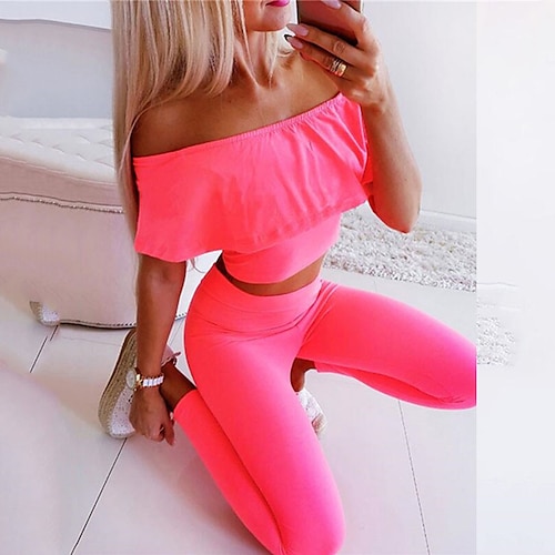 

Women's Chinoiserie Plain Casual / Daily Two Piece Set Off Shoulder Pants Sets T shirt Pant Ruffle Tops