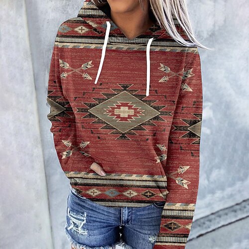 

Women's Hoodie Sweatshirt Pullover Streetwear Ethnic Front Pocket Print Red Graphic Prints Casual Hooded Long Sleeve