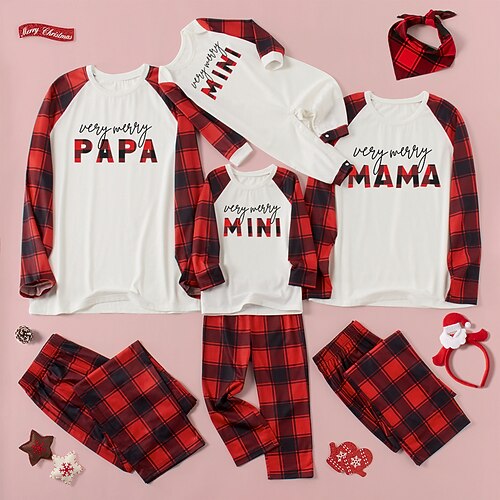 

Christmas Pajamas Ugly Family Set T shirt Pant Set Plaid Letter Print Daily Patchwork White Long Sleeve Mom Dad and Me Set Matching Outfit