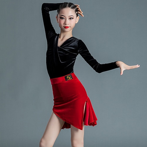

Latin Dance Skirts Pleats Splicing Girls' Training Performance Long Sleeve Velvet