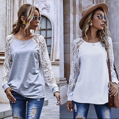 

Women's Blouse Patchwork Hole Lace Lace Round Neck Regular Spring Fall Light Coffee Black Grey Light Grey Beige