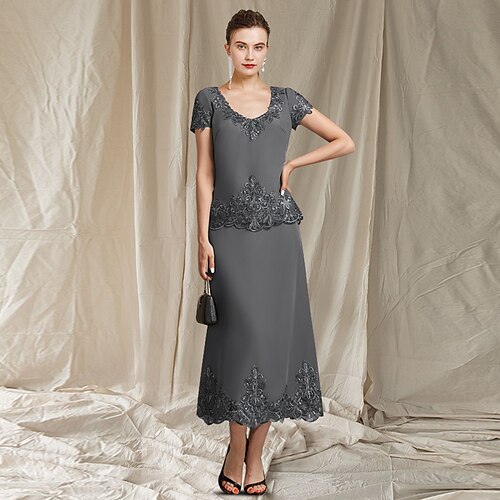 

A-Line Mother of the Bride Dress Elegant Jewel Neck Tea Length Chiffon Lace Short Sleeve with Appliques 2022