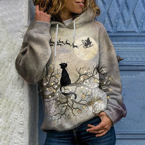 

Women's Hoodie Sweatshirt Cat Elk Front Pocket Print Casual Sports 3D Print Ethnic Streetwear Hoodies Sweatshirts Gray
