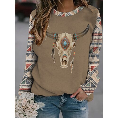 

Women's Sweatshirt Pullover Geometric Cow Brown Print Casual Sports Active Ethnic Hoodies Sweatshirts Khaki