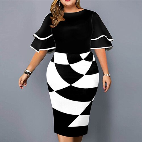 

Women's Plus Size Party Dress Floral Crew Neck Ruffle Short Sleeve Spring Fall Work Casual Prom Dress Midi Dress Causal Daily Dress / Print