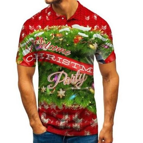 

Men's Christmas Golf Shirt 3D Print Tree Letter Button-Down Print Short Sleeve Tops Casual Fashion Breathable Green / Sports / Fall / Winter