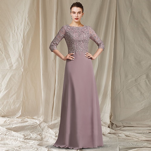

A-linje Kjole til brudens mor Elegant Besmykket Gulvlengde Chiffon Blonder 3/4 ermer med Appliqué 2023