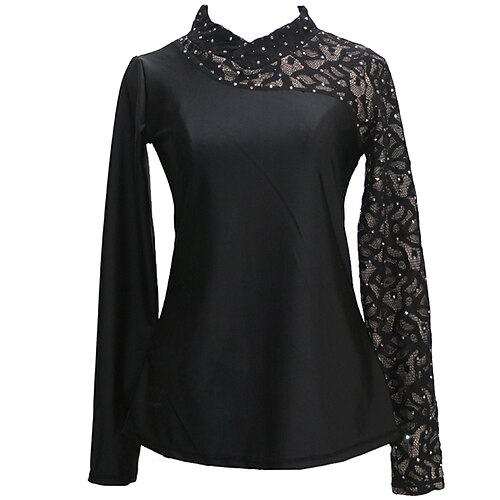 

Figure Skating Top Women's Girls' Ice Skating Outfits Top Black Fleece Spandex Lace High Elasticity Training Professional Competition Skating Wear Thermal Warm Handmade Crystal / Rhinestone Long