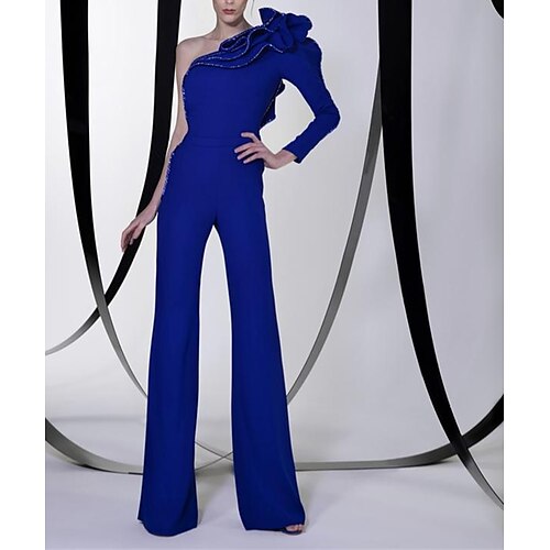 

Jumpsuit / Pantsuit Kveldskjoler Elegant Kjole Bryllupsgjest Gulvlengde Langermet Enskuldret Stretchstoff med Paljett Drapert 2023