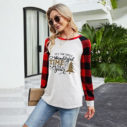 

Women's T shirt Tee Gray White Black Leopard Plaid Print Long Sleeve Gift Casual Basic Round Neck Regular Painting S
