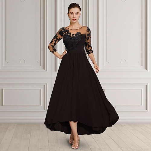 

A-Line Mother of the Bride Dress Elegant Jewel Neck Asymmetrical Tea Length Chiffon Lace 3/4 Length Sleeve with Appliques 2022