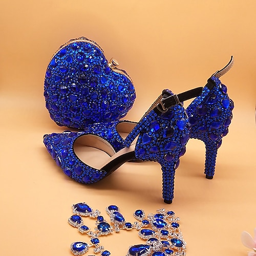 

Women's Heels Wedding Wedding Sandals Rhinestone Crystal Sparkling Glitter Stiletto Heel Pointed Toe PU Ankle Strap Color Block Solid Colored Blue