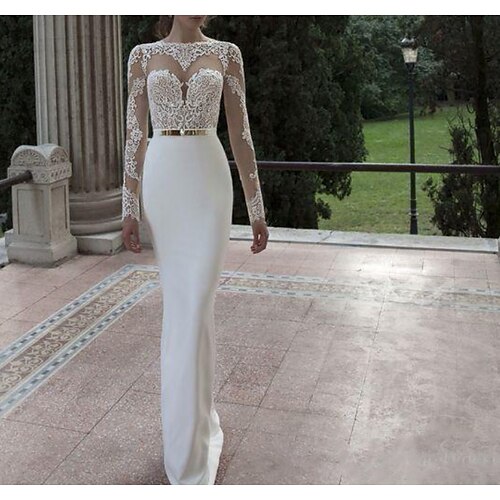 

Sheath / Column Wedding Dresses Jewel Neck Floor Length Lace Stretch Fabric Long Sleeve Romantic Sexy with Sashes / Ribbons 2022