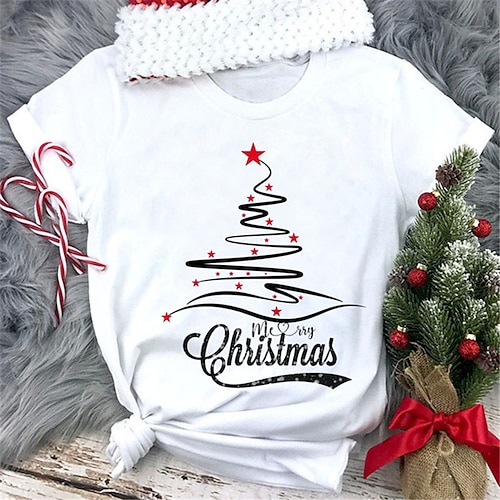 

Women's Painting T shirt Text Snowflake Christmas Tree Print Round Neck Basic Tops Black Rainbow White