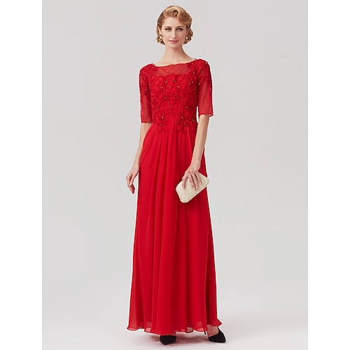 

Linea-A Abito da cerimonia per signora Elegante Con decorazione gioiello Lungo Chiffon Di pizzo Mezza manica con Di pizzo A pieghe Perline 2023