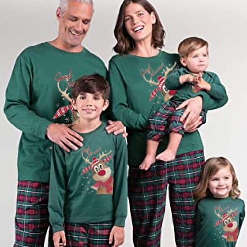 

Christmas Pajamas Ugly Family Set Plaid Deer Letter Indoor Green Long Sleeve Mom Dad and Me Mom Dad and Me Active Matching Outfits
