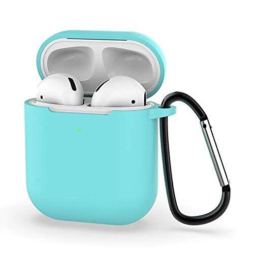 

airpods 2 etui beskyttende airpods cover blødt silikone opladeligt etui beskyttende silikone skin cover cover øretelefon ærme airpods hovedtelefon stødsikker etui anti-tabt karabinhage (blågrøn)