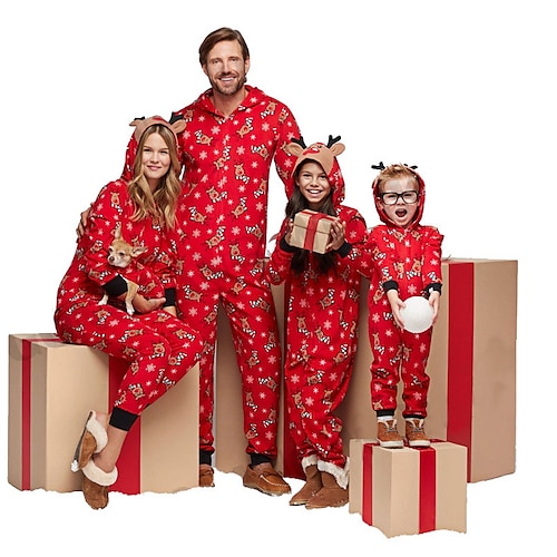 

Christmas Pajamas Family Look Deer Christmas pattern Christmas Gifts Print Gray Green Royal Blue Long Sleeve Active Matching Outfits / Sports / Fall / Spring / Casual