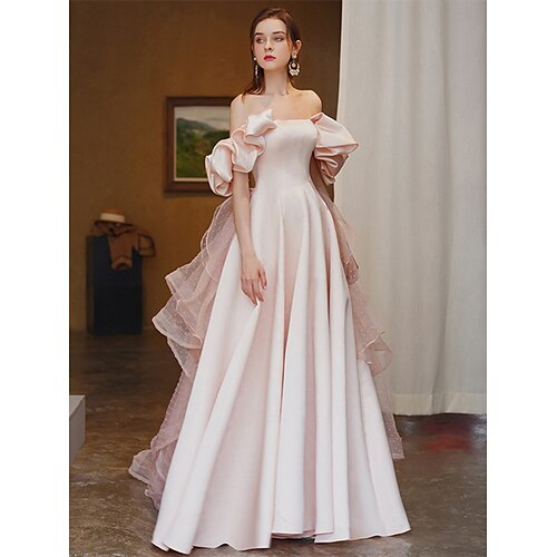 

A-Line Wedding Dresses Strapless Sweep / Brush Train Satin Tulle Short Sleeve Country Romantic Luxurious with Ruffles 2022