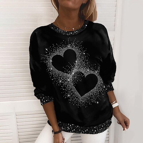 

Damen Sweatshirt Pullover Zur Seite fahren Aktiv Strassenmode Valentinstag Bedruckt Schwarz und Weiß Schwarz Grafik-Drucke Casual Rundhalsausschnitt Langarm