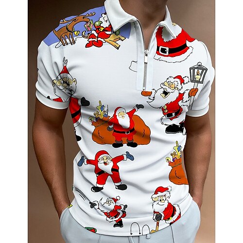 

Men's Christmas Golf Shirt 3D Print Santa Claus Zipper Print Short Sleeve Tops Sportswear Casual Fashion Comfortable White / Fall / Winter