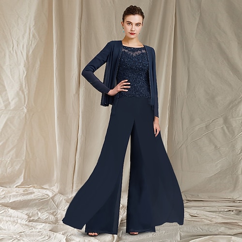 

Pantsuit 3 Piece Suit Mother of the Bride Dress Elegant Wrap Included Jewel Neck Floor Length Chiffon Lace Half Sleeve with Beading Appliques 2022