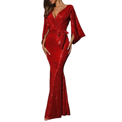 

Mermaid / Trumpet Sparkle Sexy Wedding Guest Formal Evening Birthday Dress V Neck 3/4 Length Sleeve Floor Length Sequined with Sash / Ribbon Sequin 2022