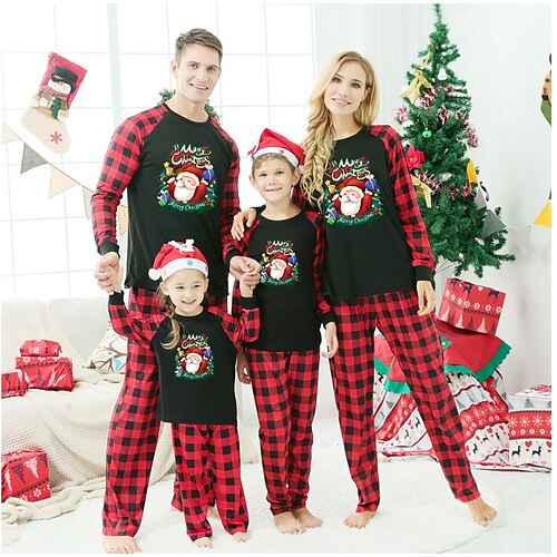 

Christmas Pajamas Ugly Family Set Plaid Santa Claus Letter Christmas Gifts Print Black Gray Red Long Sleeve Mom Dad and Me Active Matching Outfits Homes Fall Spring Casual