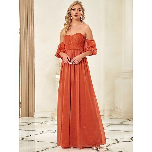 

Sheath / Column Bridesmaid Dress Sweetheart Neckline Short Sleeve Elegant Floor Length Chiffon with Draping / Solid Color 2022 / Sparkle & Shine