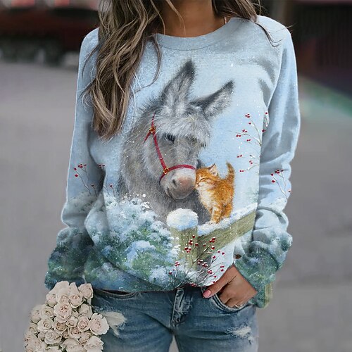 

Women's Sweatshirt Pullover Active Streetwear Print Blue Horse Casual Round Neck Long Sleeve S M L XL XXL / 3D Print