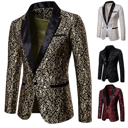 

Men's Blazer Cocktail Attire Thermal Warm Breathable Street Business Work Single Breasted One-button Peaked Lapel Streetwear Elegant Jacket Floral Pocket Jacquard White Black Gold / Winter