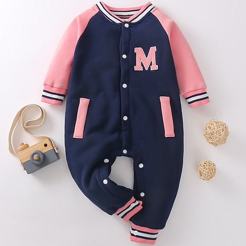 

Baby Girls' Jumpsuits & Rompers Basic Cute Indoor Outdoor Dusty Blue White Line Print Letter Patchwork Print Long Sleeve