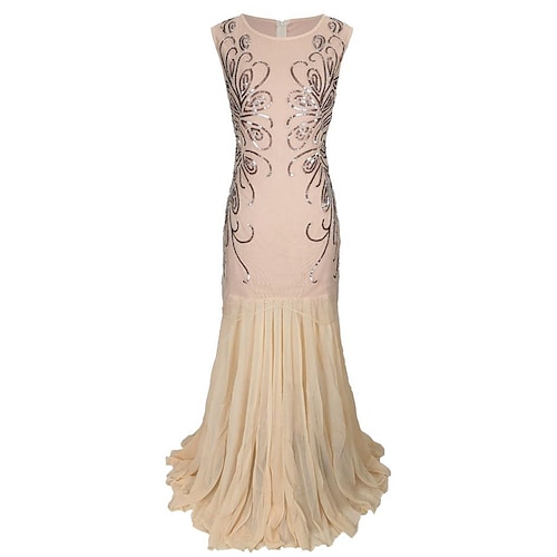 

A-Line Evening Dresses Elegant Dress Holiday Floor Length Sleeveless Jewel Neck Cotton Blend with Sequin Splicing 2022