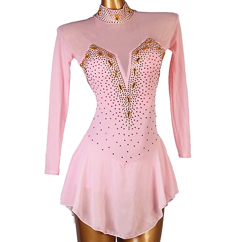 

Figure Skating Dress Women's Girls' Ice Skating Dress Outfits Pink Open Back Patchwork Mesh Spandex High Elasticity Training Practice Professional Skating Wear Handmade Classic Crystal / Rhinestone