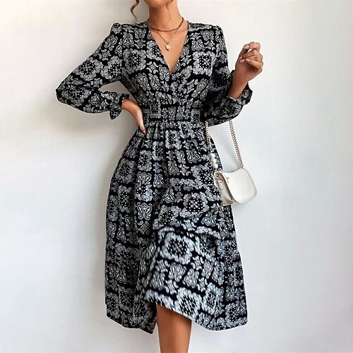 

robe de travail pour femmes robe swing robe midi noir blanc bleu à manches longues imprimé floral hiver automne automne col en v robe d'hiver décontractée robe d'automne 2023 s m l xl