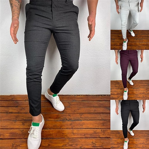 

Men's Chinos Trousers Jogger Pants Pocket Solid Color Breathable Outdoor Full Length Casual Daily Cotton Blend Trousers Smart Casual Black Wine Micro-elastic