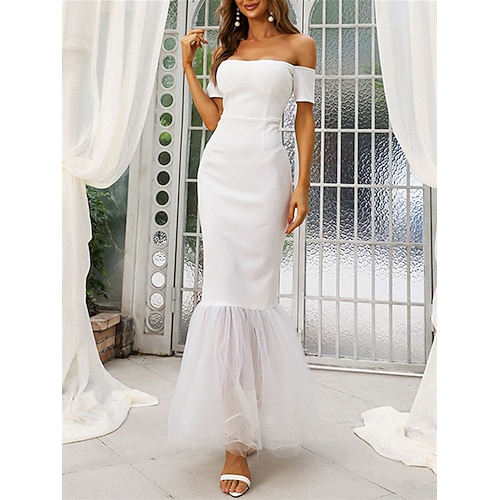 

Mermaid / Trumpet Wedding Dresses Off Shoulder Ankle Length Tulle Stretch Fabric Short Sleeve Country Simple with Solid Color 2022