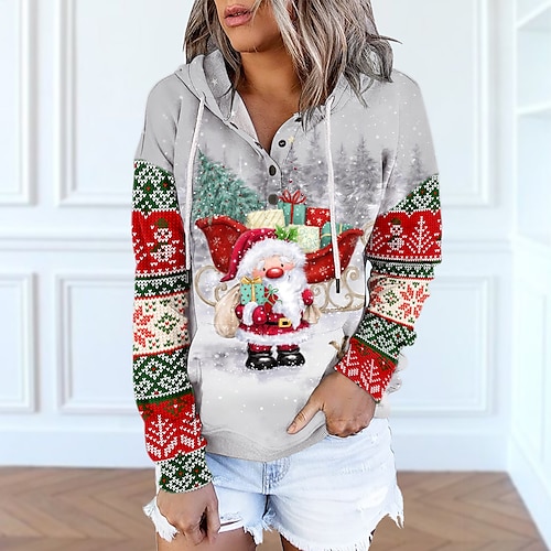 

Women's Hoodie Pullover Santa's Helper Front Pocket Print Christmas Casual Sports 3D Print Active Streetwear Hoodies Sweatshirts Red