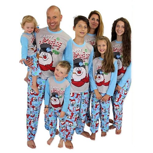 

Christmas Pajamas Ugly Family Set Cartoon Christmas pattern Letter Print Blue Long Sleeve Mom Dad and Me Active Matching Outfits Fall Winter Casual